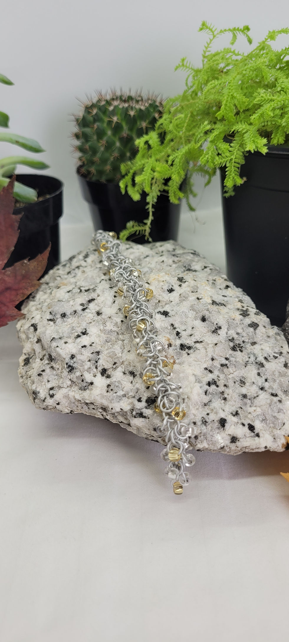 Thumbnail: Beaded Shaggy Loops Bracelet - White with Silver & Gold