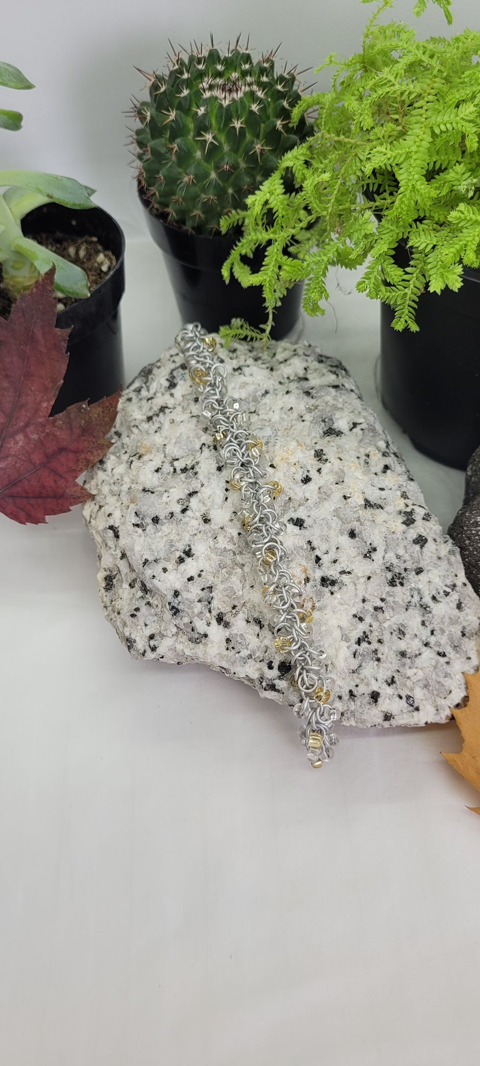 Thumbnail: Beaded Shaggy Loops Bracelet - White with Silver & Gold