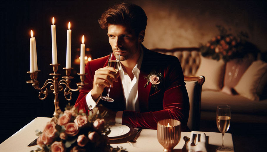 Man holding a champagne glass sits at a table with candles and flowers.