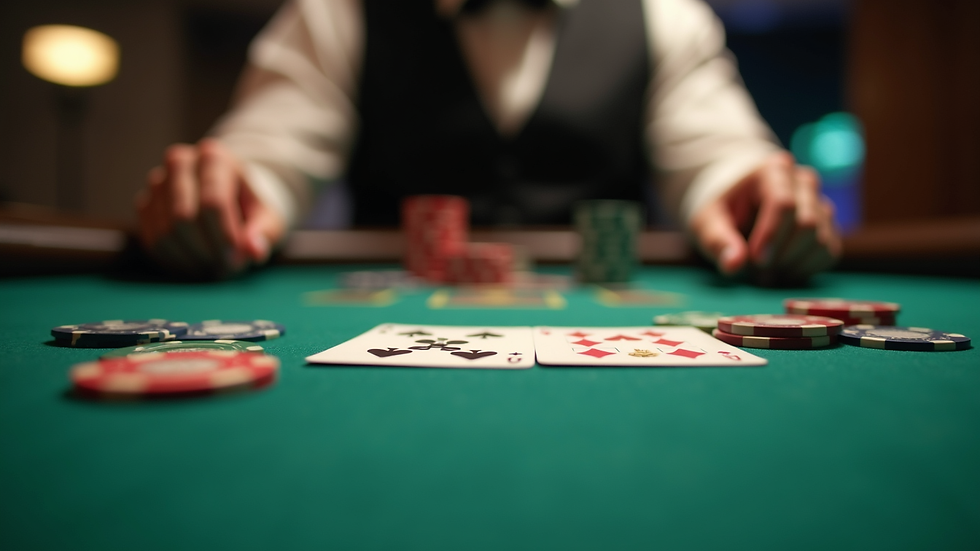 Eye-level view of a poker table with chips and cards