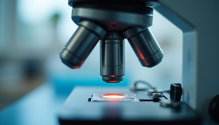 Eye-level view of a laboratory microscope focusing on a sample slide