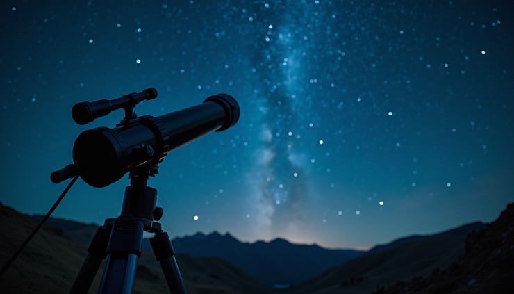 High angle view of a telescope pointed at the night sky filled with stars