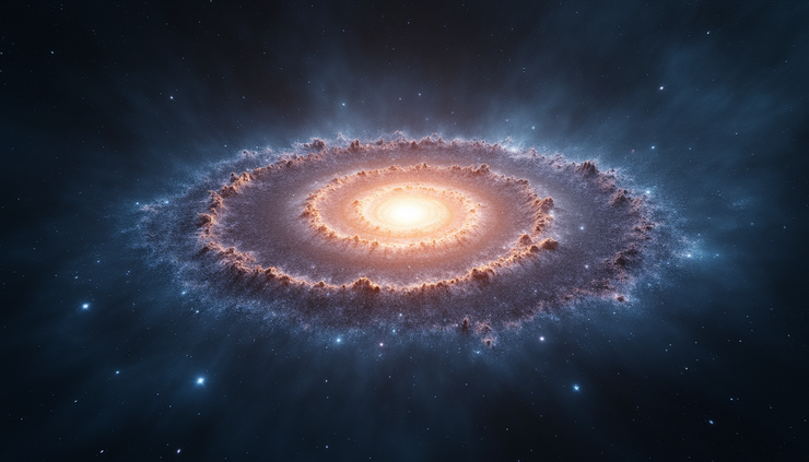 Wide angle view of a spiral galaxy with bright core and swirling arms