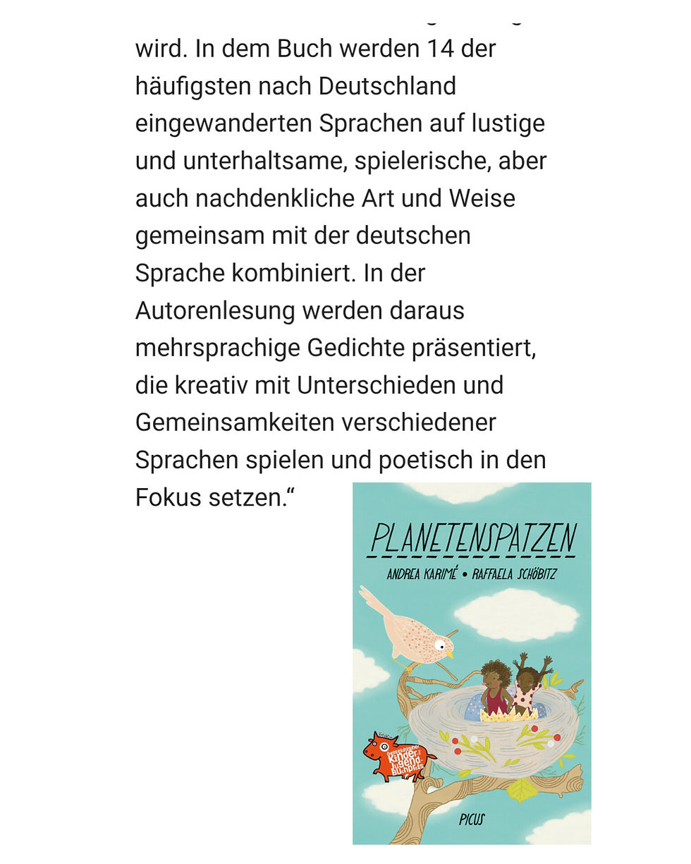 Buchcover von Andrea Karimé "Planetenspatzen" mit Vogel und zwei Kindern im Nest vor blauem Himmel; Rezensionstext.