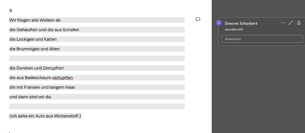 Exklusiv hier: Ein Sniekpieks vom Feder-Bär. Simone Scharbert, vielen Dank für dein Lektorat. Mit einer Poesiewimper durch den Text.