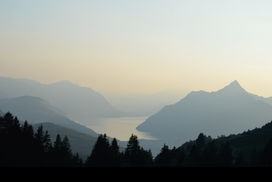 Calm lake at sunset in Schwyz, Switzerland, surrounded by mountains with trees silhouetted in the foreground