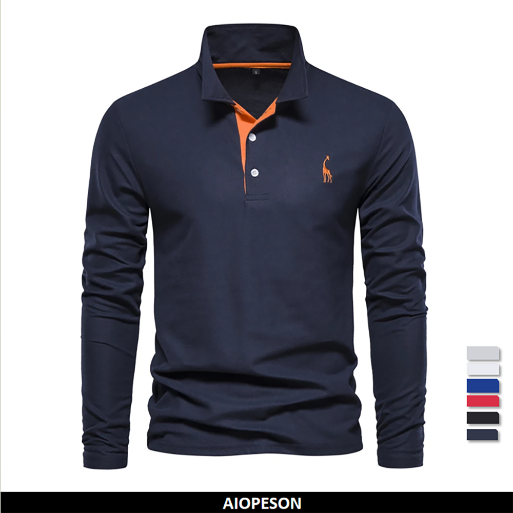 AIOPESON 2023 New Men's Deer Embroidery Polo Shirts Solid Color Long Sleeve Soci