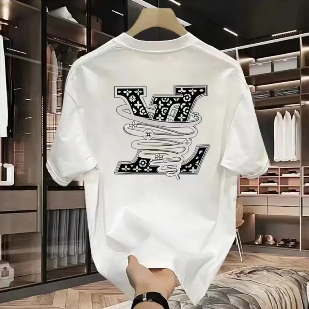 100% pure cotton men's luxurious brand letter print T-shirt, short-sleeved T-shi