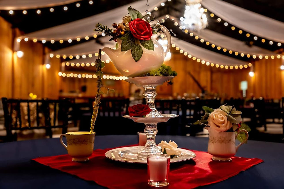 Beauty & Beast inpsired wedding, teapot centerpiece, floral decorations