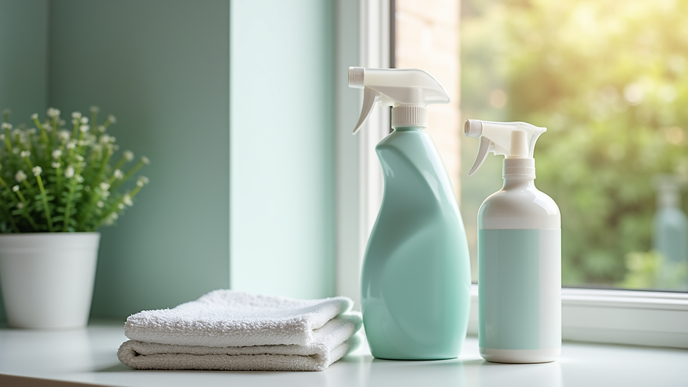 Close-up view of eco-friendly cleaning products and microfiber cloths on a countertop