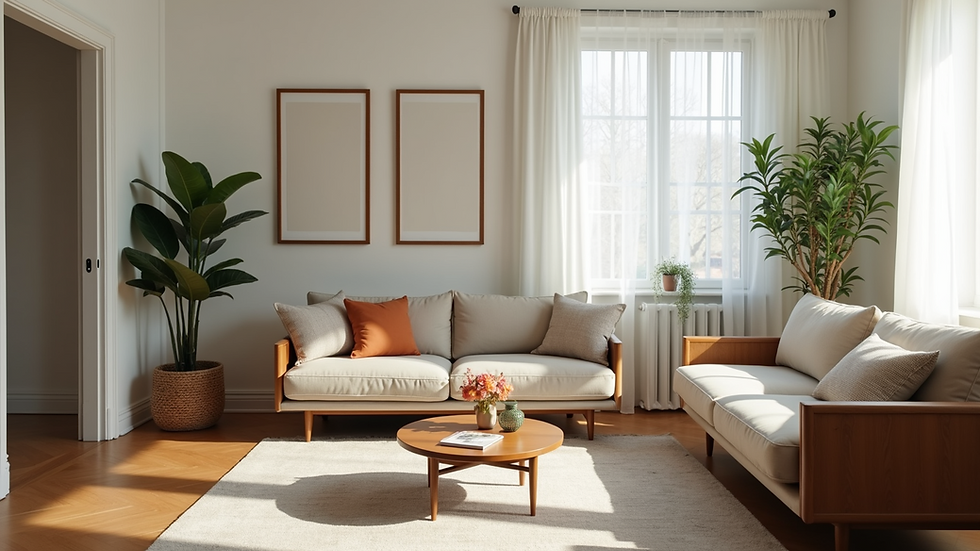 Close-up view of a tidy living room with organized furniture and decor
