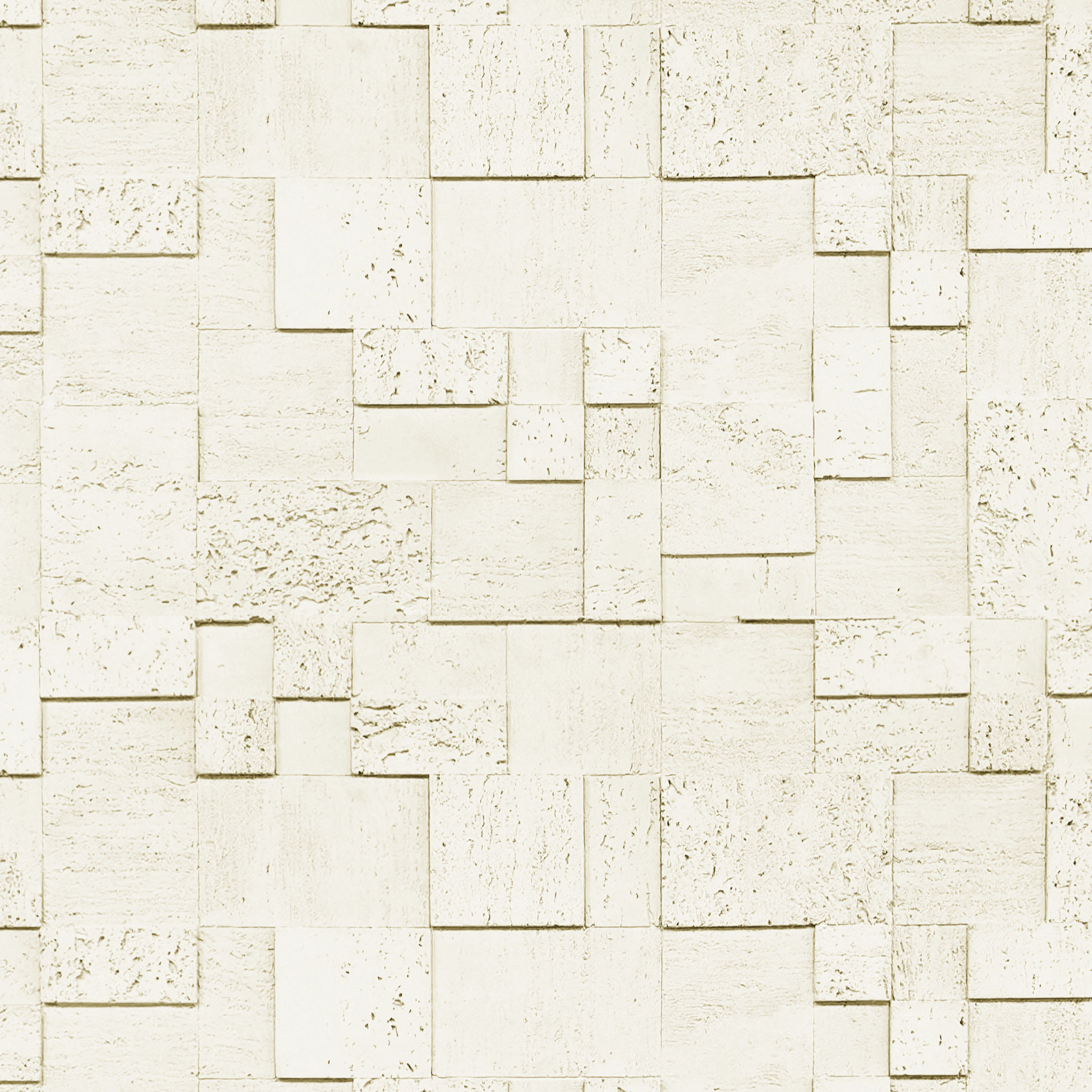 Three-dimensional travertine surface with geometric cubes creating depth and shadow play.