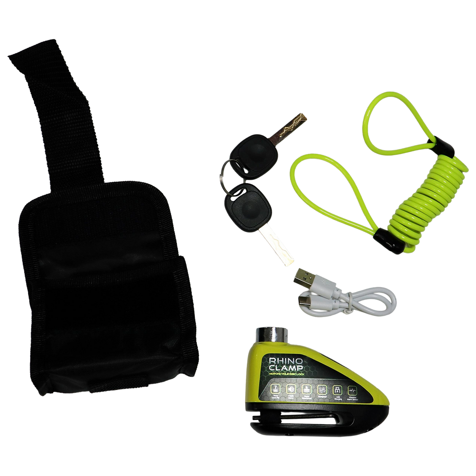 Thumbnail: CarGuard Rhino Clamp disc lock kit contents - carry pouch, lock, keys, USB cable and reminder cord