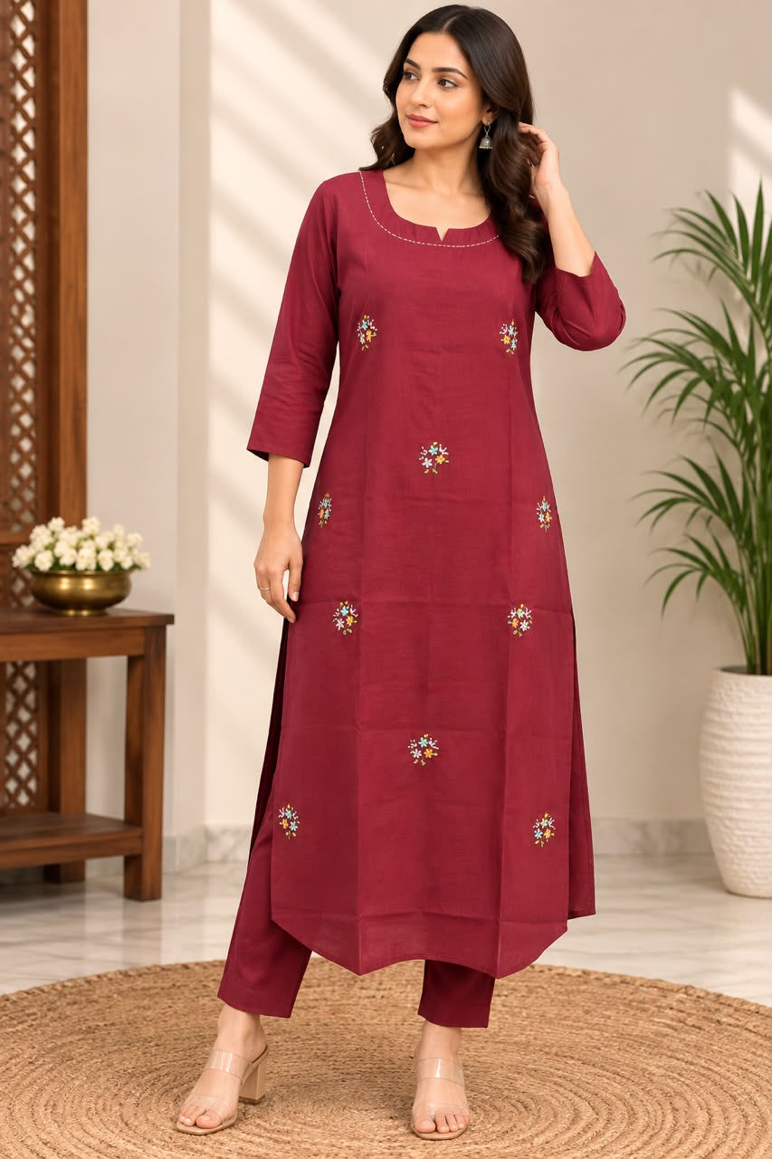 RED Embroidered Straight Kurta Pant Set | Floral Embroidery Cotton