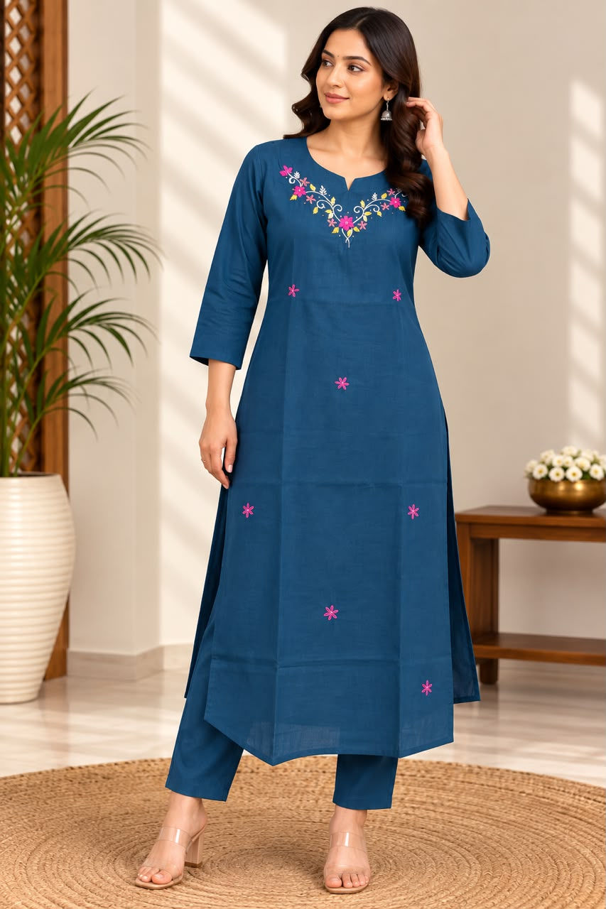 Women’s Blue Embroidered Straight Kurta Pant Set | Floral Embroidery Cotton