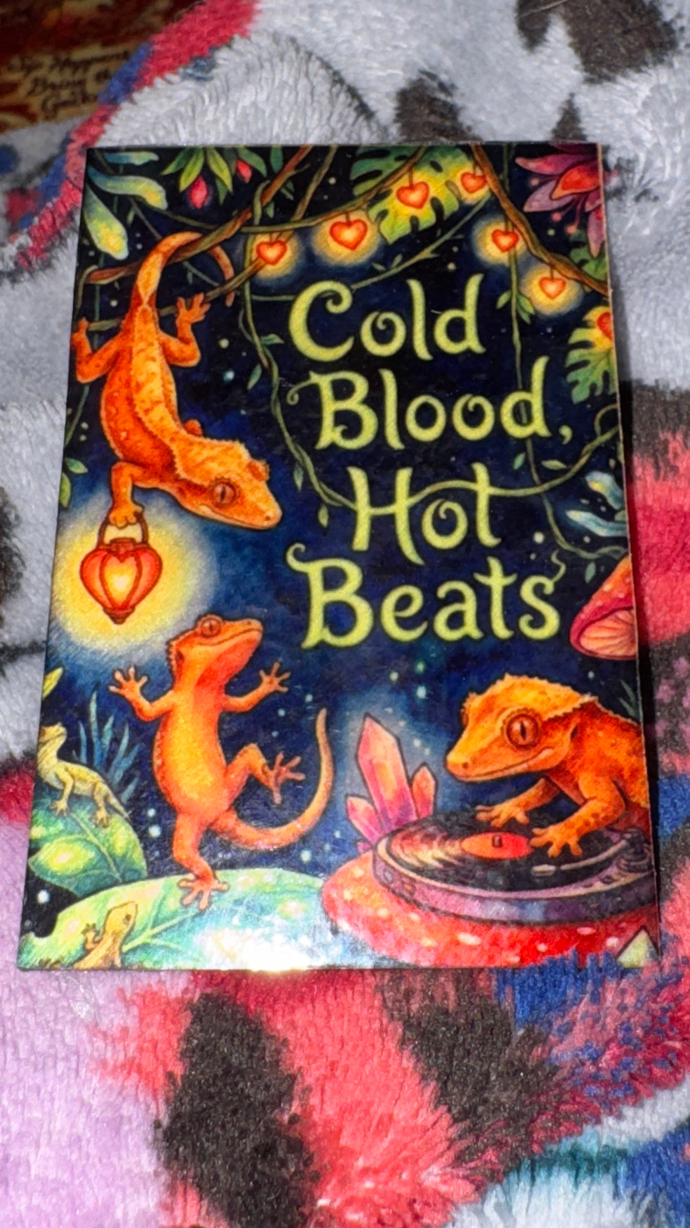 “cold blood, hot beats” Crested gecko party scene - Reptile Lover fridge magnet