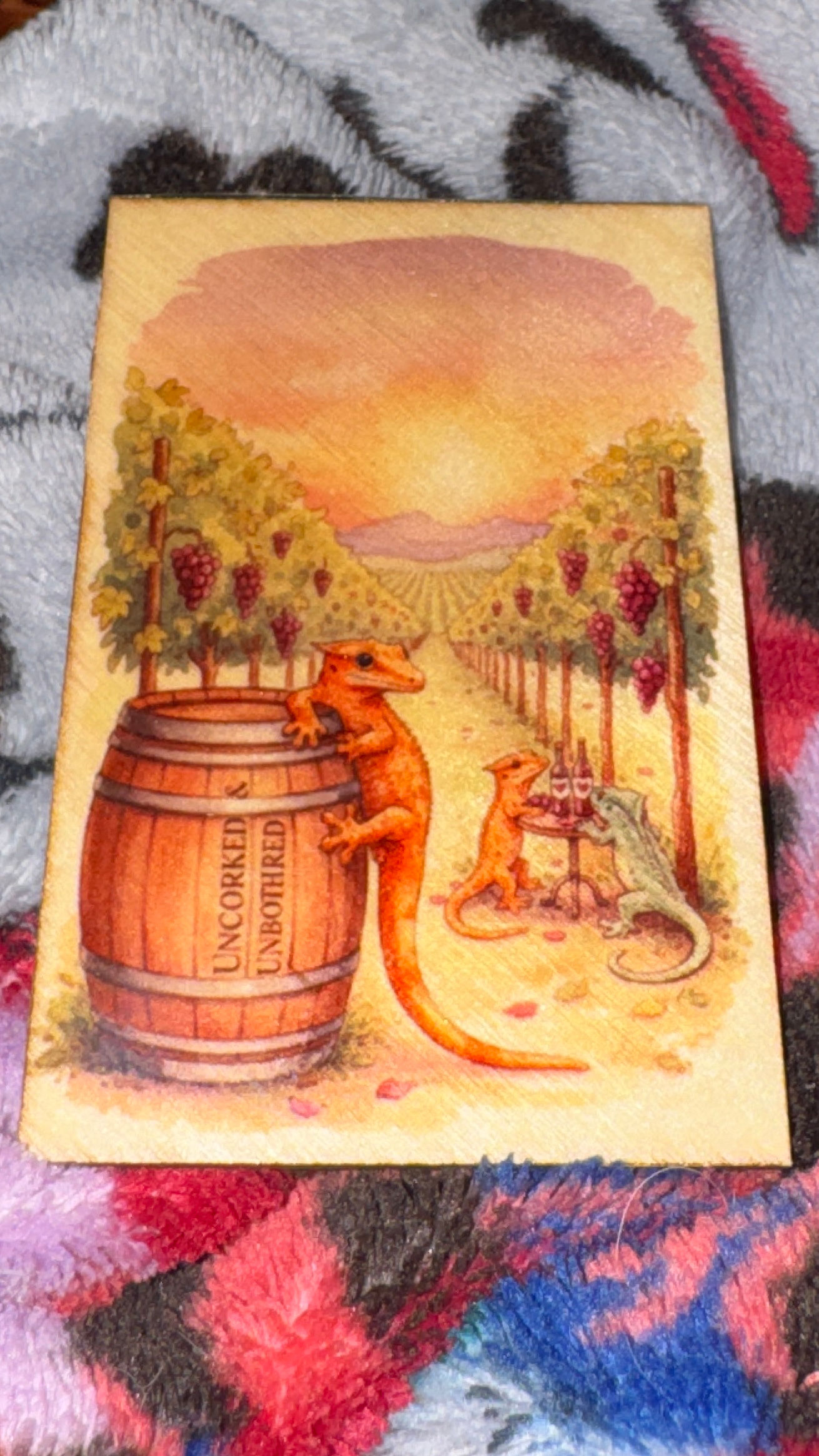 “Uncorked & Unbothered”Crested Gecko winery scene- reptile lover fridge magnet