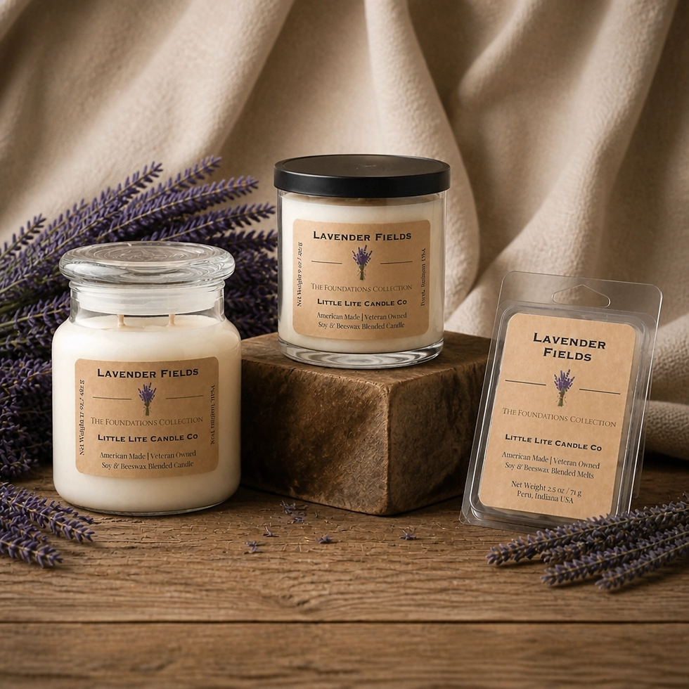 Lavender Fields collection featuring jar candle, tumbler, and wax melts accented with dried lavender stems