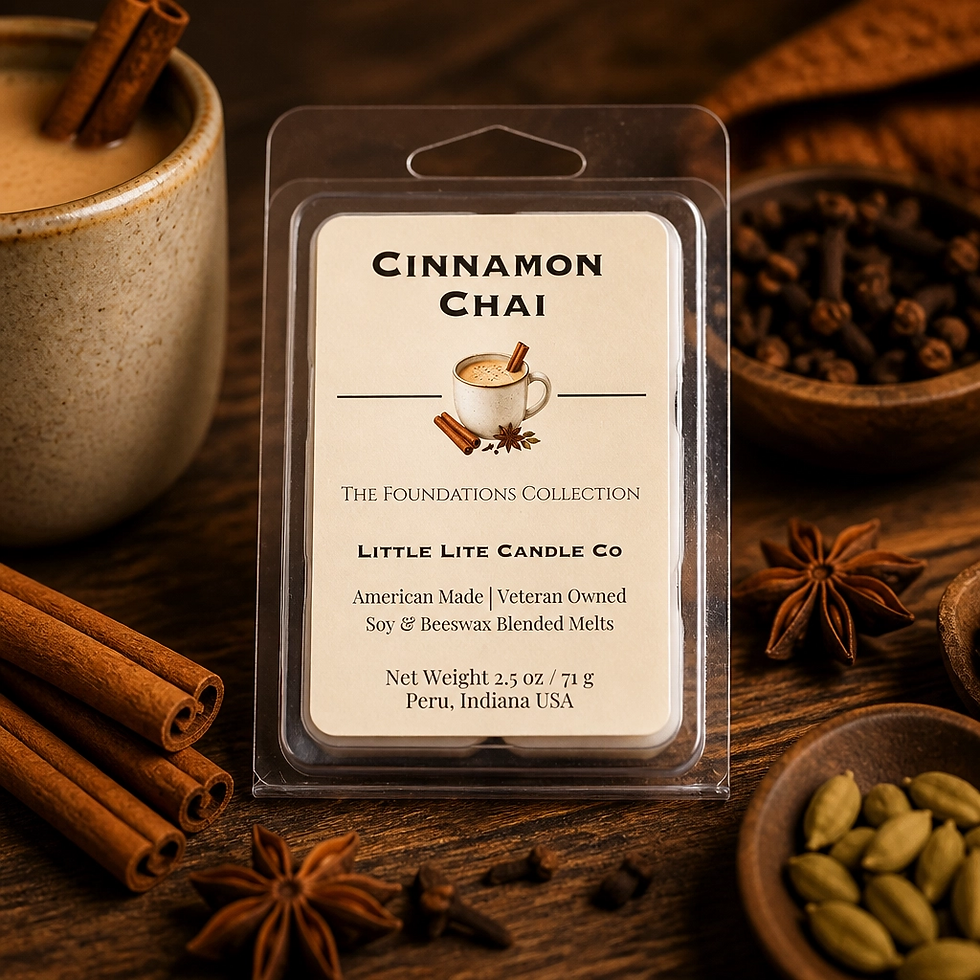 Thumbnail: Cinnamon Chai soy wax melts with cinnamon sticks and mug of tea