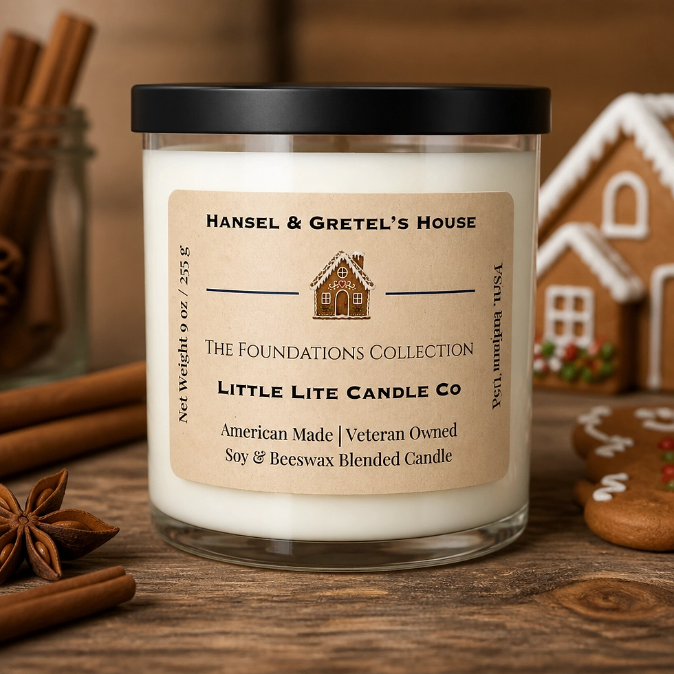 Thumbnail: Hansel & Gretel's House 9 oz tumbler soy candle in glass jar with black lid and gingerbread