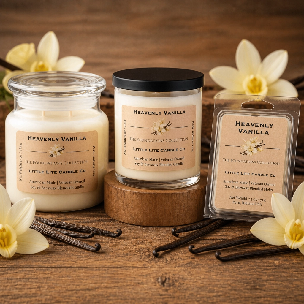 Heavenly Vanilla collection featuring jar candle, tumbler, and wax melts surrounded by vanilla flowers and bean pods