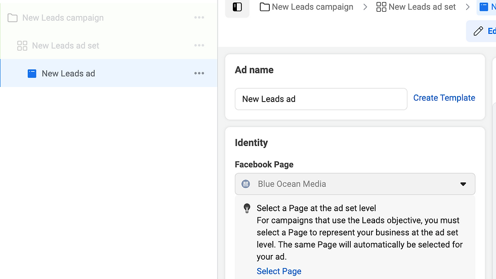 To create your Facebook ad go to the bottom option on the left hand side in green.