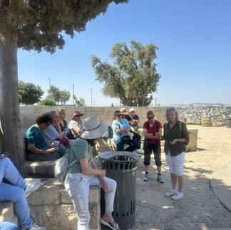אנשים יושבים מתחת לעץ על מעקה מבטון וחלקם עומדים