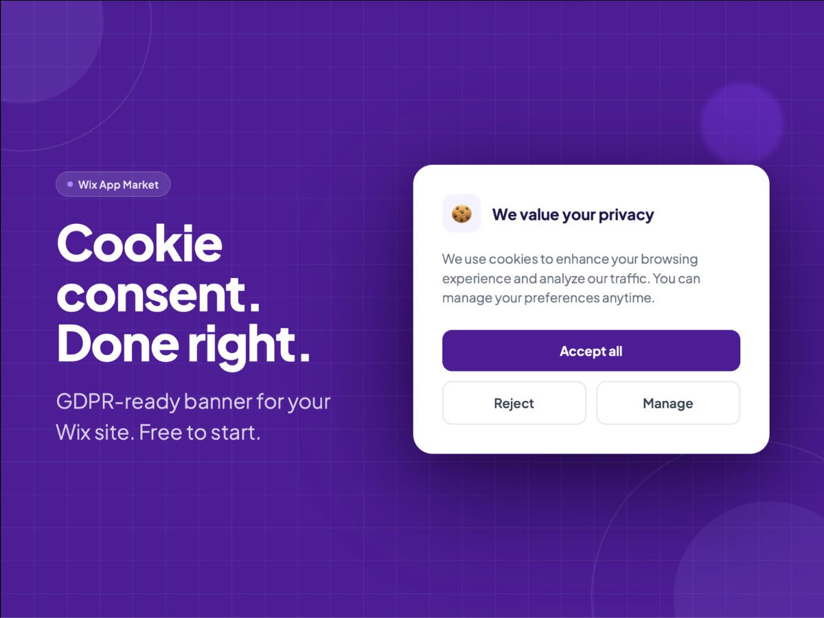Affordable GDPR Cookie Banner primary marketing image — Privacy & Security app on the Wix App Market