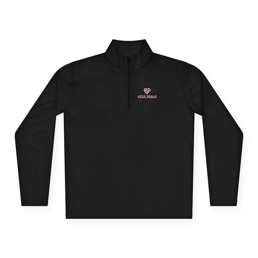 Thumbnail: Love Heals heart logo Quarter-Zip Pullover | pink ribbon healing design
