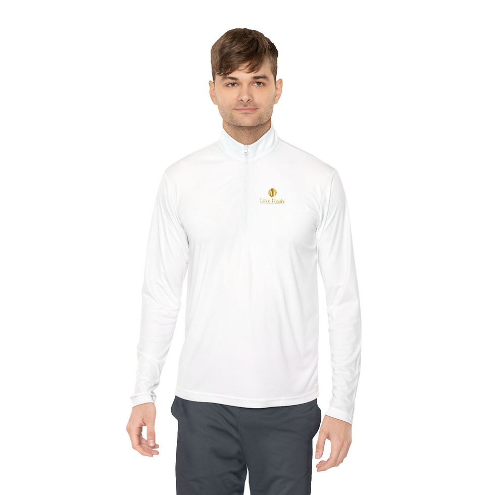 Thumbnail: Love Heals logo quarter zip pullover | gold foil emblem