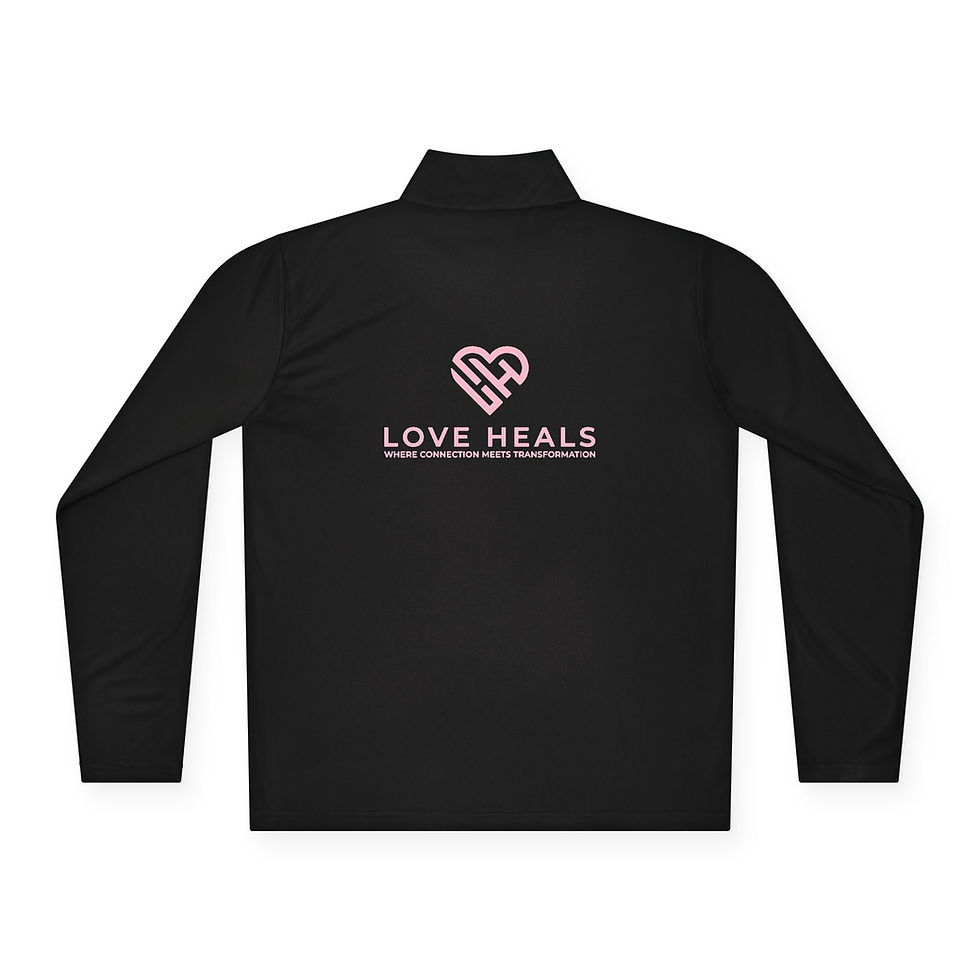 Thumbnail: Love Heals heart logo Quarter-Zip Pullover | pink ribbon healing design