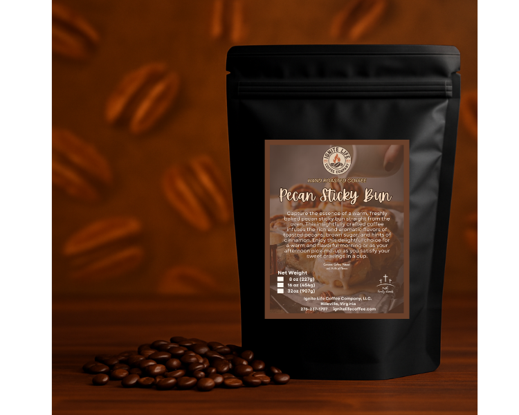 Ignite Life Coffee – Pecan Sticky Bun coffee bag with pecans & sticky bun background