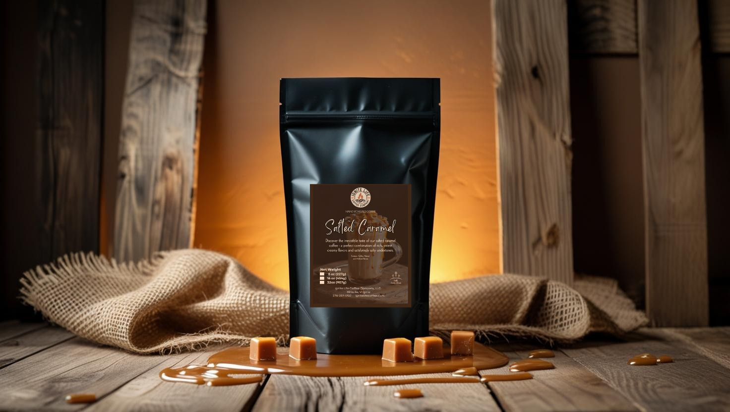 Ignite Life Coffee Salted Caramel coffee bag with caramel pieces.