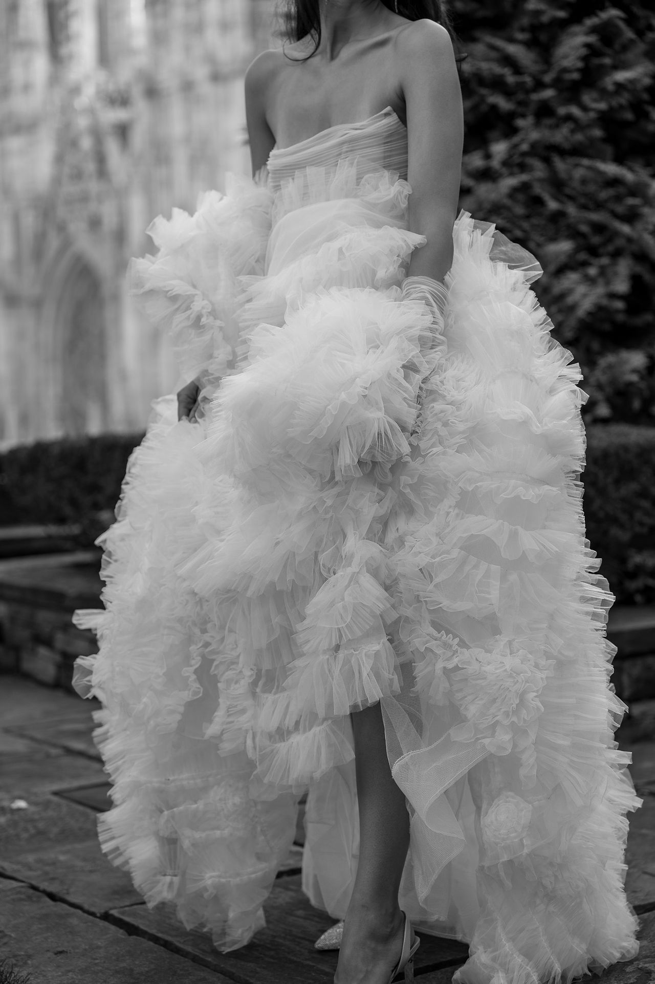 Ruffle Wedding Dress for New York Bride captured in black & white film 