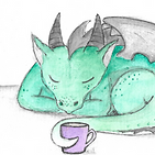 A watercolour painting of Myth the green dragon. He is curled up sleeping with his tail wrapped around a cup. 