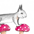 A watercolour painting of Flick the squirrel. He is running over some red and white mushrooms. His fur is grey and he appears to be smiling.