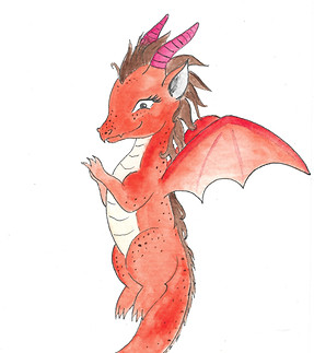 A watercolour painted orange dragon with a cream belly is flying and smiling. She has brown hair and small redish orange horns. Her face and body has small brown freckles.