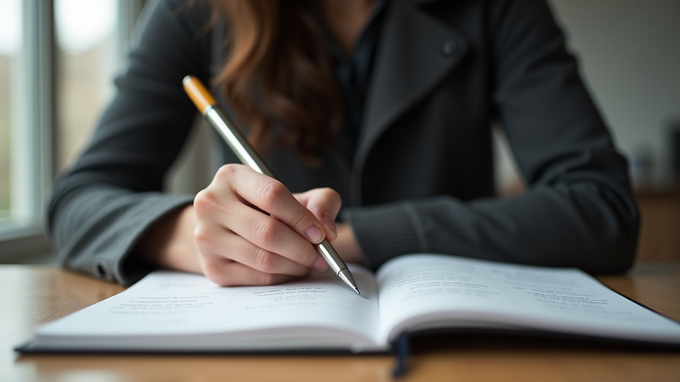 Eye-level view of a person writing goals in a notebook