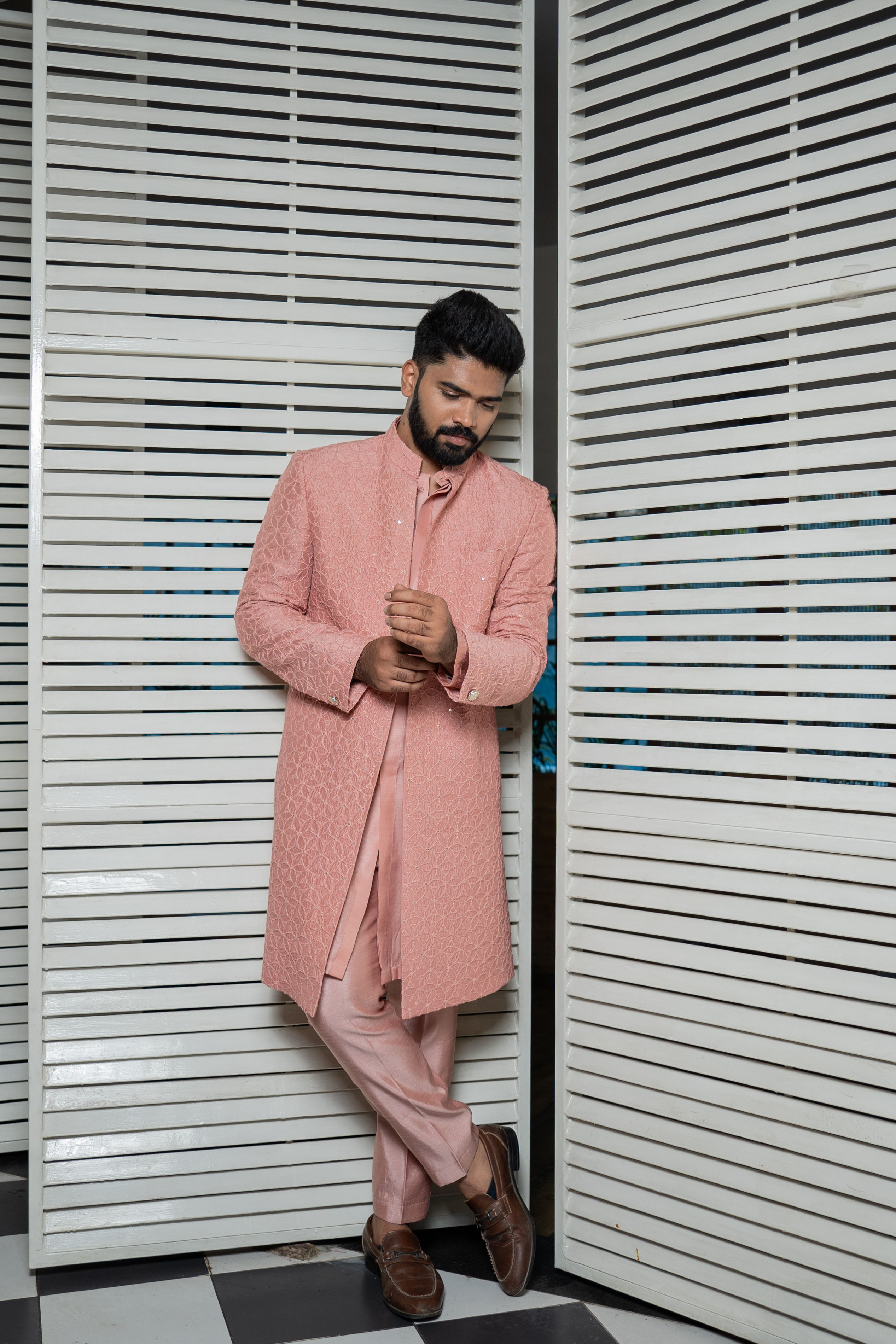 PEACH SELF TEXTURED BANDGALA SET