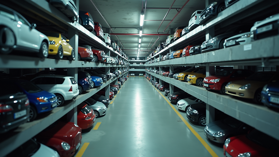 High angle view of a multi-level parking garage filled with cars