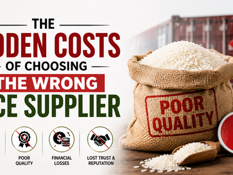 The Hidden Costs of Choosing the Wrong Rice Supplier infographic showing poor-quality rice, supply chain risks, delayed shipments, financial losses, and business reputation damage