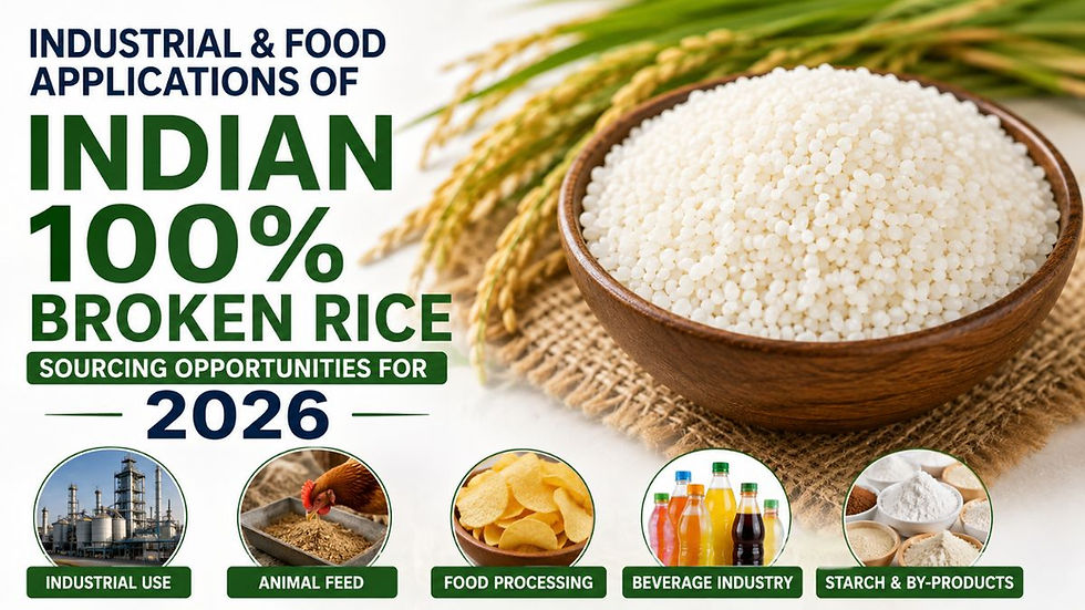 Indian 100% broken rice in a bowl with industrial and food application icons for global sourcing in 2026.