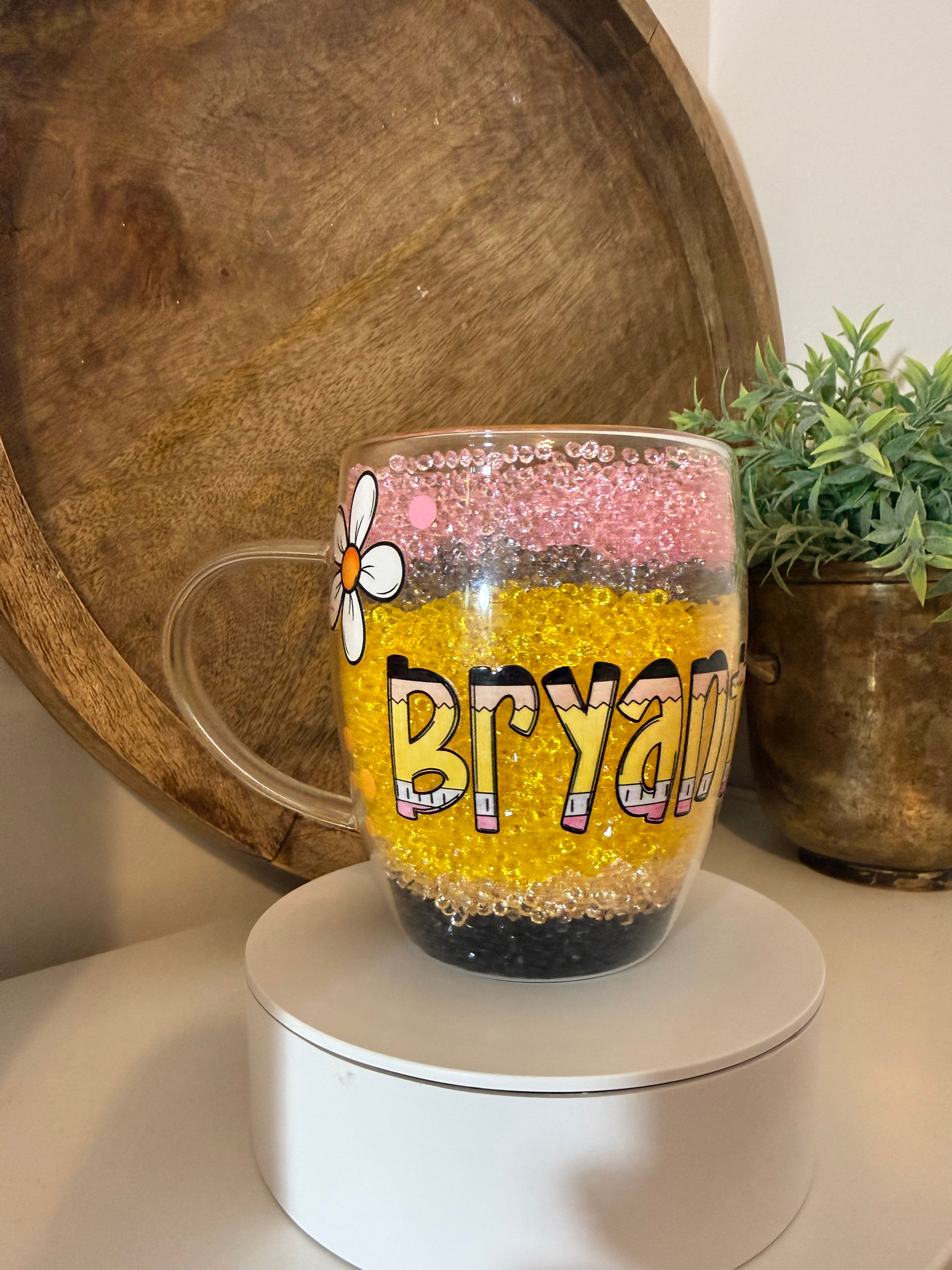 Glass Mug Gem Filled Pencil Design