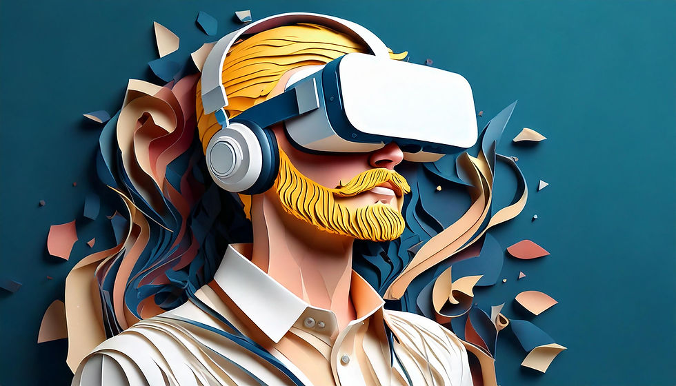 Papercut look, white male papercut look with blond beard playing with VR Headset