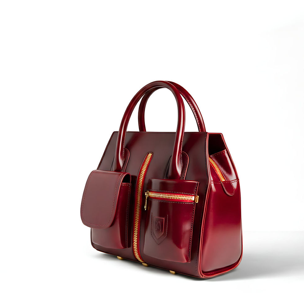Gloss Boss high gloss leather handbag in deep red by Odd Modd front right angle