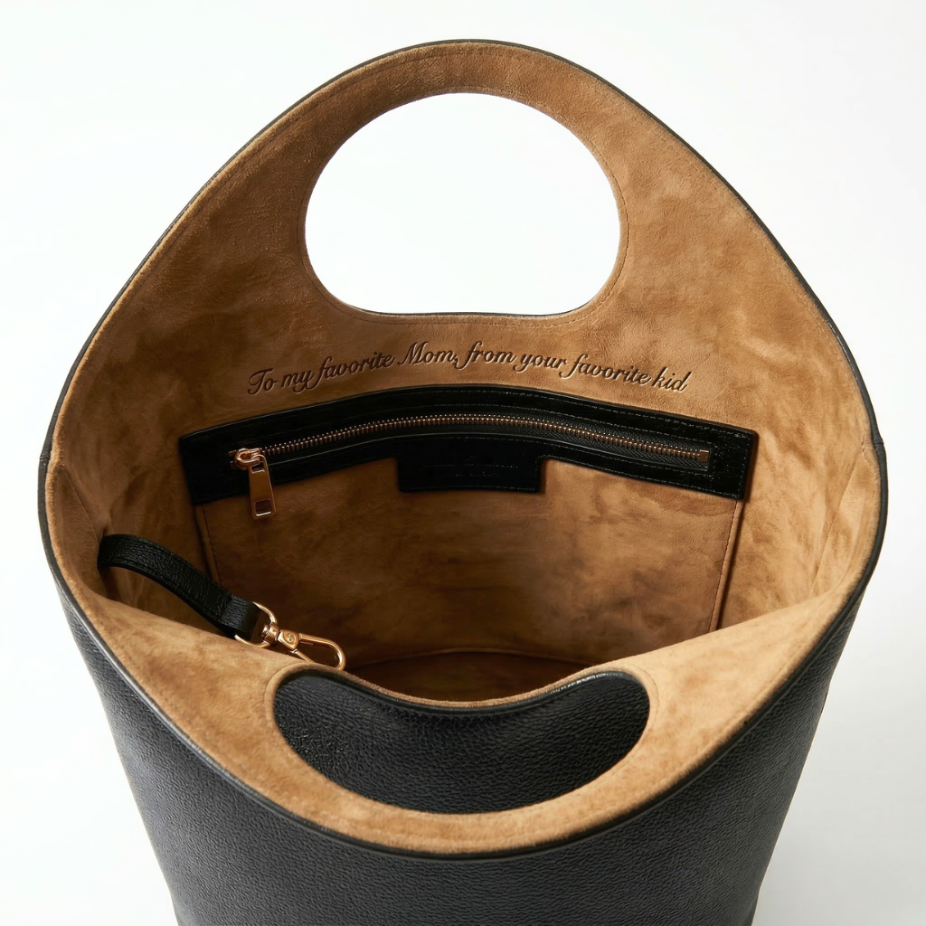 Juun black leather handbag by Odd Modd with personalized engraved message