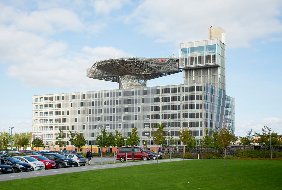 Modern Danish National Defence building with helipad