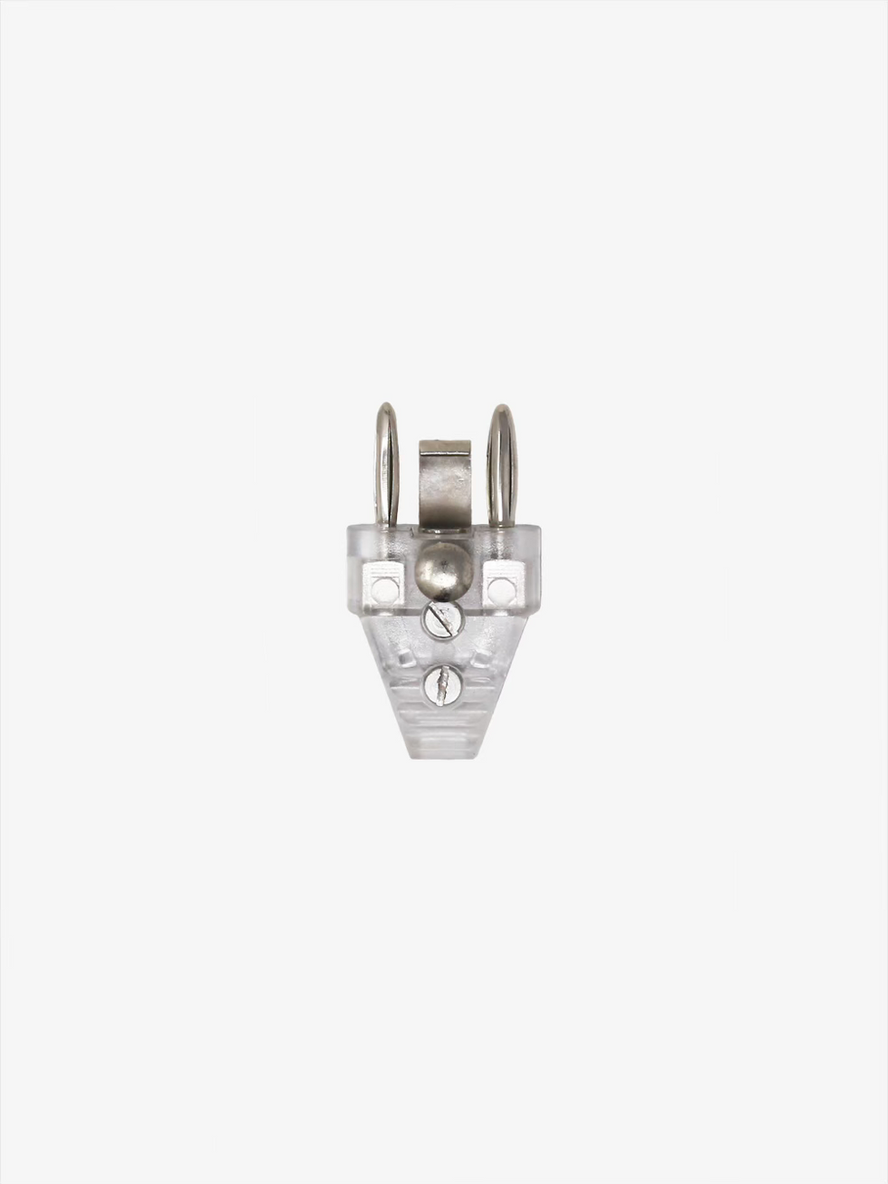 Ferre Two Pin Plug front view with transparent housing, two silver pins, screws, and metal clip