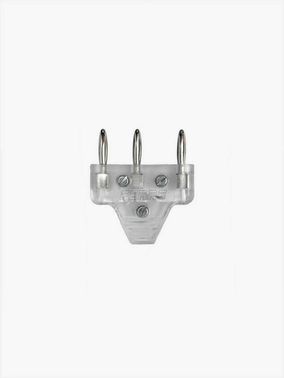 Ferre Three Pin Plug front view with transparent housing, three metal pins, screws, and Ferre logo
