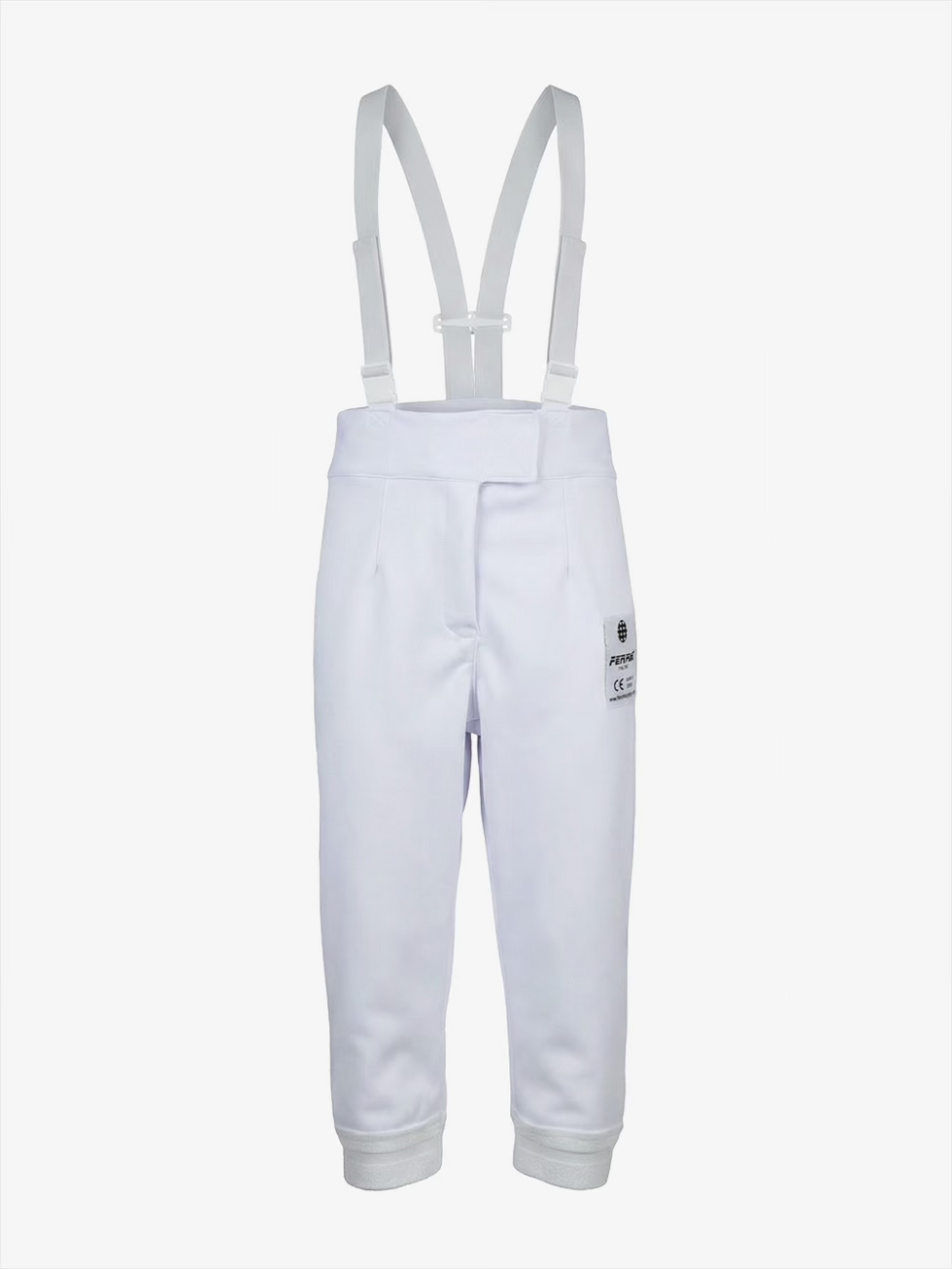 Ferre Fencing Kids Pants Pro 600N front view with suspenders and white protective fabric
